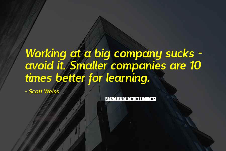 Scott Weiss Quotes: Working at a big company sucks - avoid it. Smaller companies are 10 times better for learning.