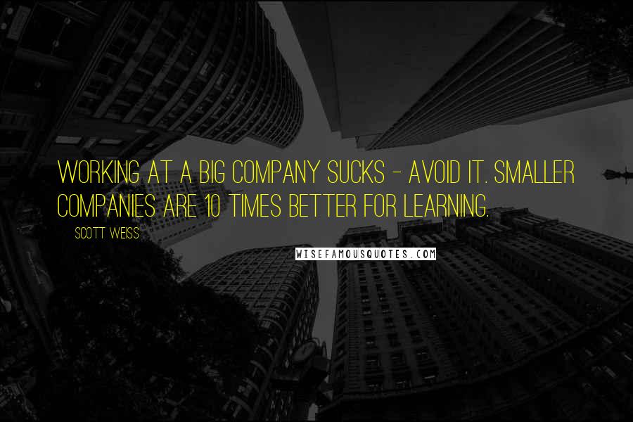 Scott Weiss Quotes: Working at a big company sucks - avoid it. Smaller companies are 10 times better for learning.