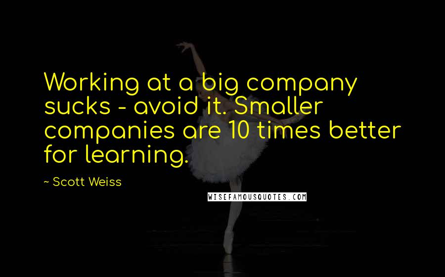 Scott Weiss Quotes: Working at a big company sucks - avoid it. Smaller companies are 10 times better for learning.