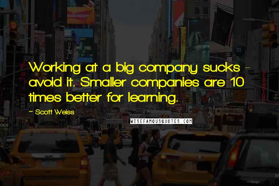 Scott Weiss Quotes: Working at a big company sucks - avoid it. Smaller companies are 10 times better for learning.