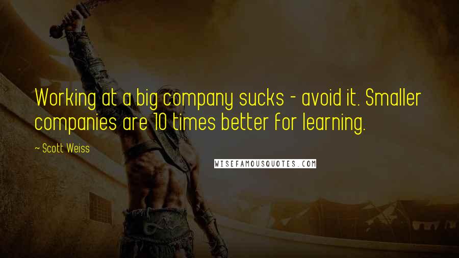 Scott Weiss Quotes: Working at a big company sucks - avoid it. Smaller companies are 10 times better for learning.