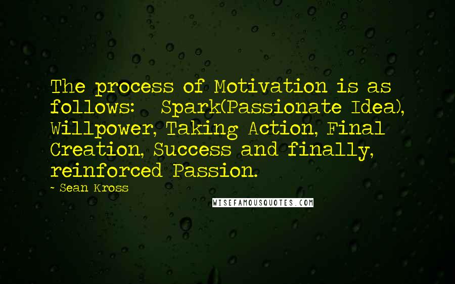 Sean Kross Quotes: The process of Motivation is as follows:   Spark(Passionate Idea), Willpower, Taking Action, Final Creation, Success and finally, reinforced Passion.