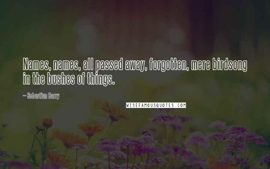 Sebastian Barry Quotes: Names, names, all passed away, forgotten, mere birdsong in the bushes of things.