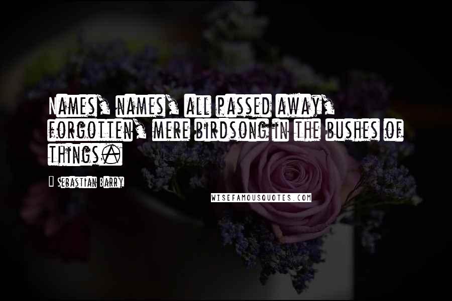 Sebastian Barry Quotes: Names, names, all passed away, forgotten, mere birdsong in the bushes of things.