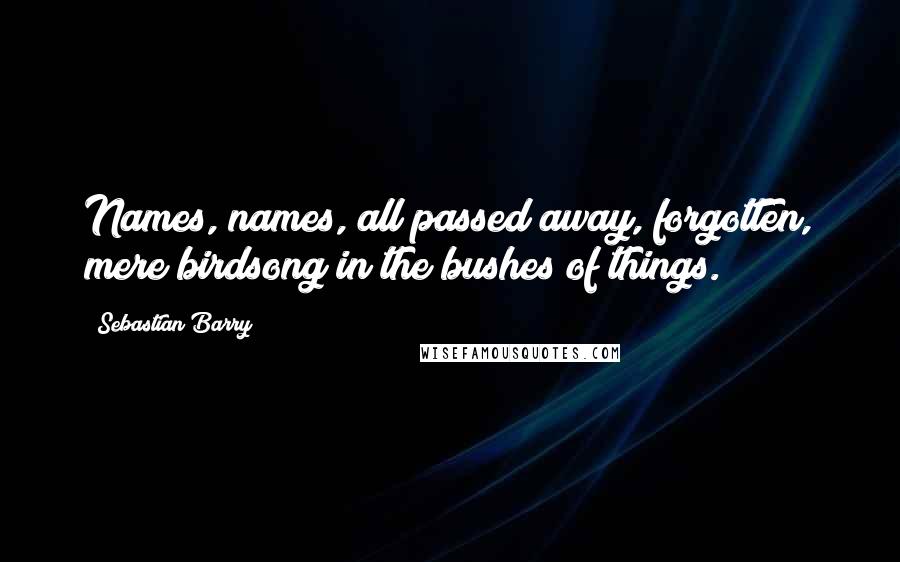 Sebastian Barry Quotes: Names, names, all passed away, forgotten, mere birdsong in the bushes of things.