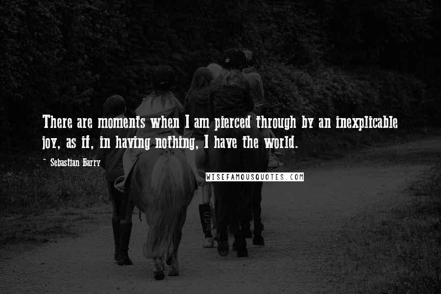 Sebastian Barry Quotes: There are moments when I am pierced through by an inexplicable joy, as if, in having nothing, I have the world.