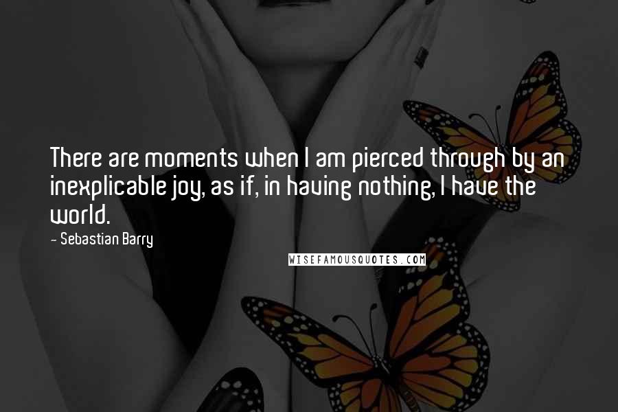 Sebastian Barry Quotes: There are moments when I am pierced through by an inexplicable joy, as if, in having nothing, I have the world.