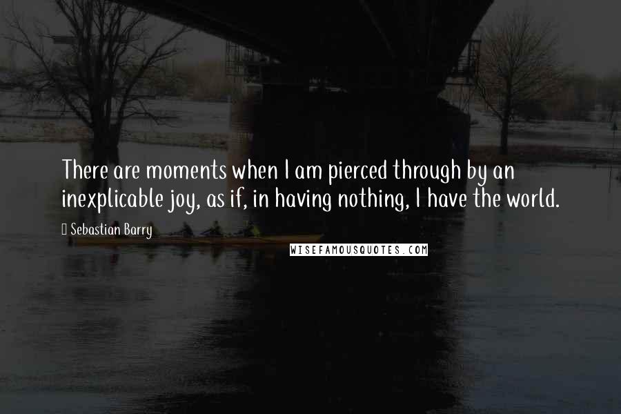 Sebastian Barry Quotes: There are moments when I am pierced through by an inexplicable joy, as if, in having nothing, I have the world.