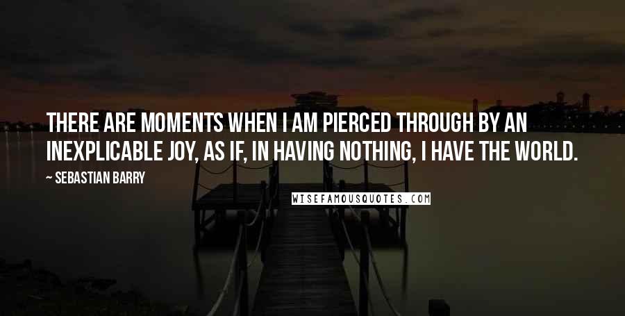 Sebastian Barry Quotes: There are moments when I am pierced through by an inexplicable joy, as if, in having nothing, I have the world.