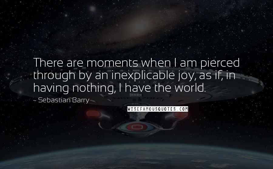 Sebastian Barry Quotes: There are moments when I am pierced through by an inexplicable joy, as if, in having nothing, I have the world.