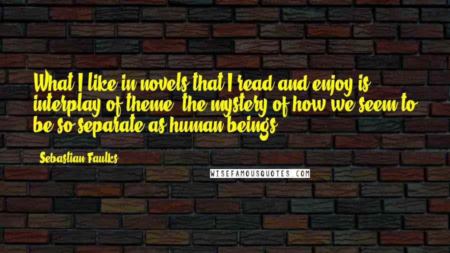 Sebastian Faulks Quotes: What I like in novels that I read and enjoy is interplay of theme: the mystery of how we seem to be so separate as human beings.