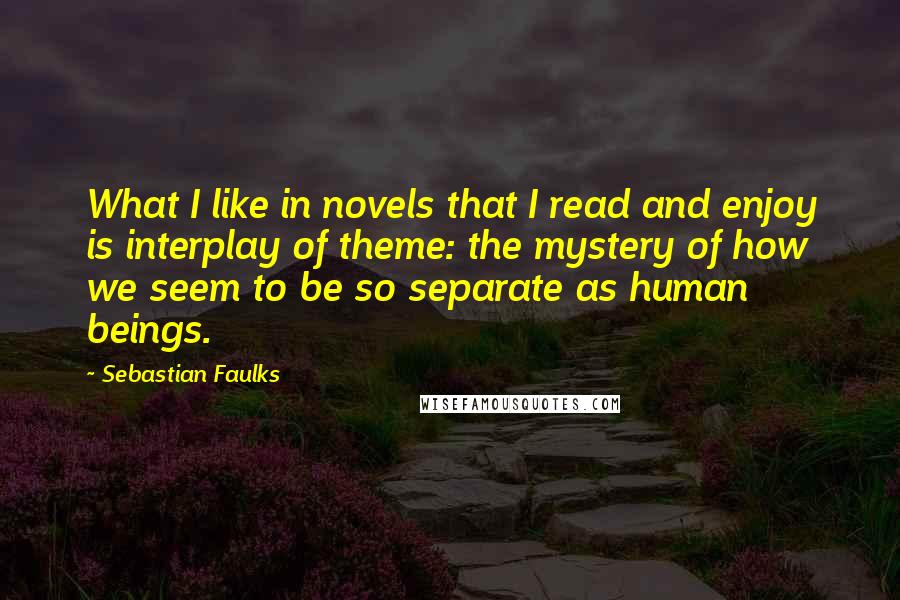 Sebastian Faulks Quotes: What I like in novels that I read and enjoy is interplay of theme: the mystery of how we seem to be so separate as human beings.