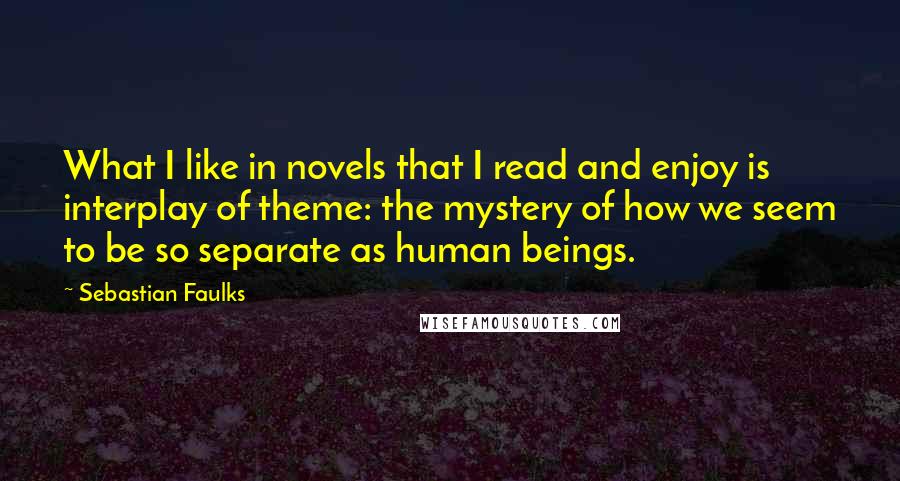 Sebastian Faulks Quotes: What I like in novels that I read and enjoy is interplay of theme: the mystery of how we seem to be so separate as human beings.