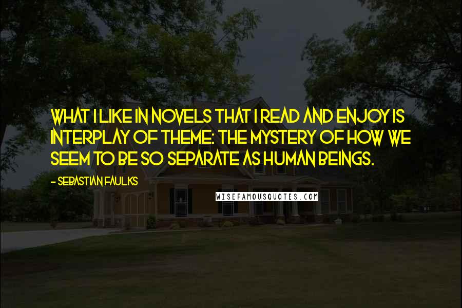 Sebastian Faulks Quotes: What I like in novels that I read and enjoy is interplay of theme: the mystery of how we seem to be so separate as human beings.