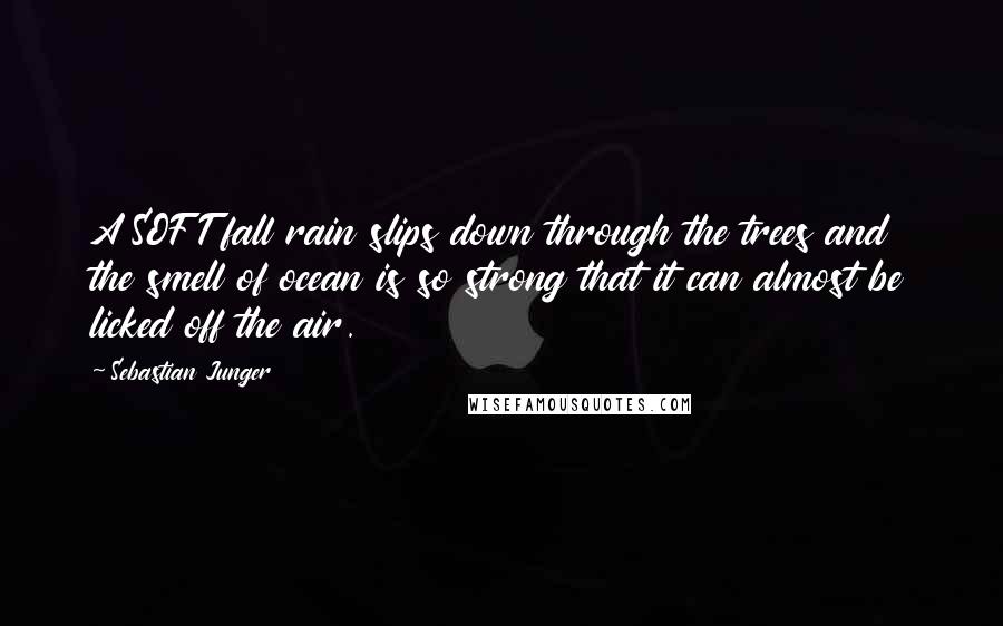 Sebastian Junger Quotes: A SOFT fall rain slips down through the trees and the smell of ocean is so strong that it can almost be licked off the air.