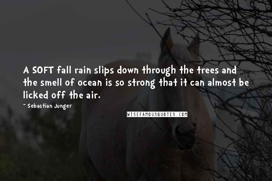 Sebastian Junger Quotes: A SOFT fall rain slips down through the trees and the smell of ocean is so strong that it can almost be licked off the air.