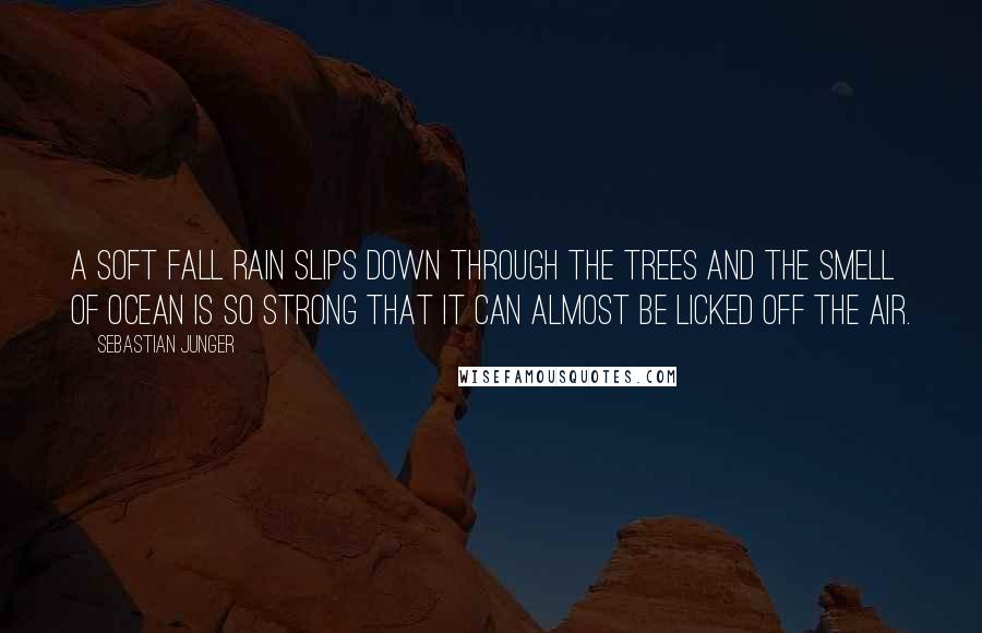 Sebastian Junger Quotes: A SOFT fall rain slips down through the trees and the smell of ocean is so strong that it can almost be licked off the air.