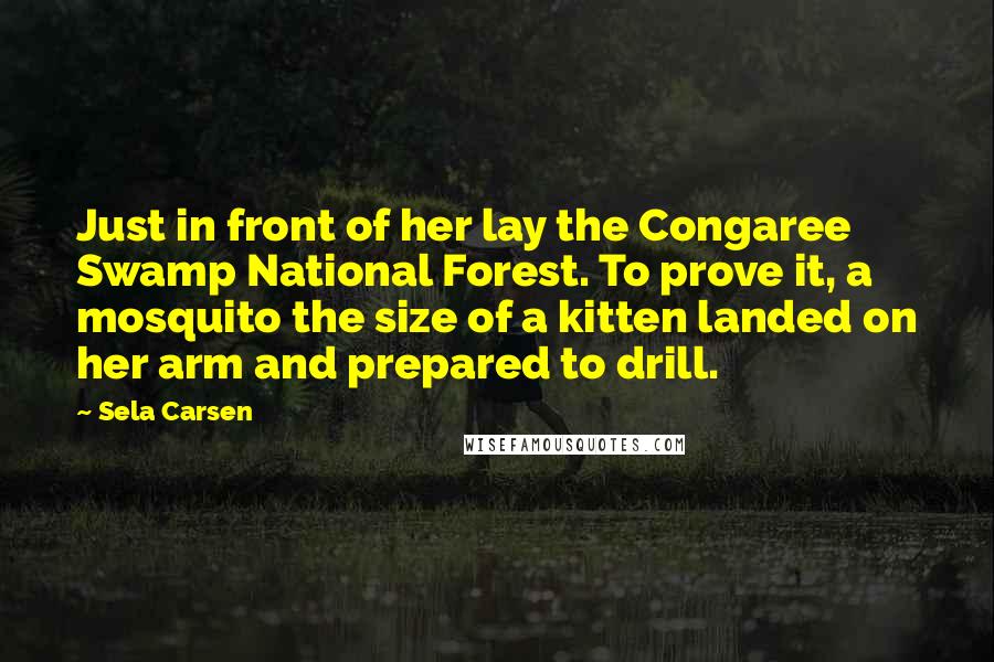 Sela Carsen Quotes: Just in front of her lay the Congaree Swamp National Forest. To prove it, a mosquito the size of a kitten landed on her arm and prepared to drill.