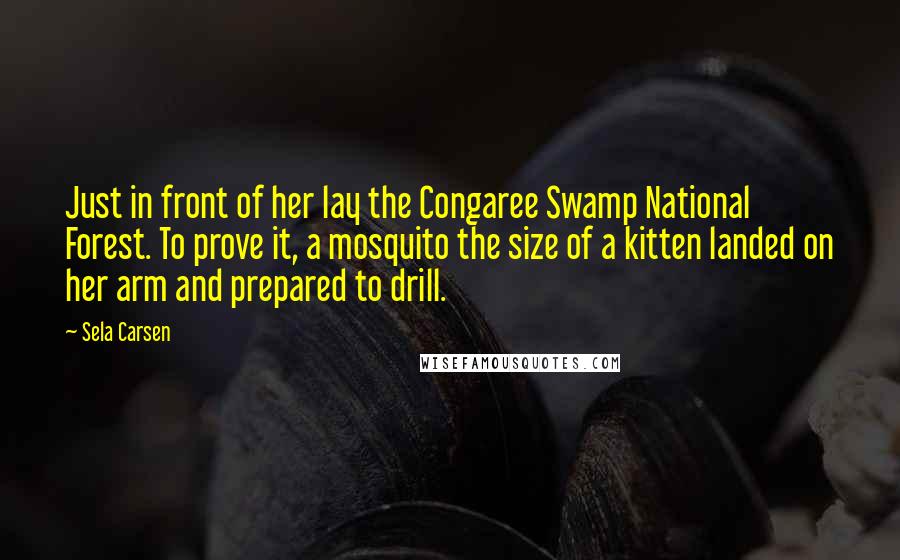 Sela Carsen Quotes: Just in front of her lay the Congaree Swamp National Forest. To prove it, a mosquito the size of a kitten landed on her arm and prepared to drill.