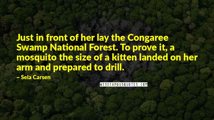 Sela Carsen Quotes: Just in front of her lay the Congaree Swamp National Forest. To prove it, a mosquito the size of a kitten landed on her arm and prepared to drill.