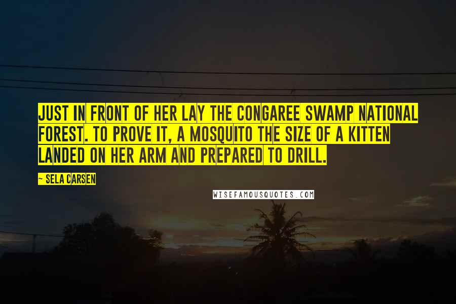 Sela Carsen Quotes: Just in front of her lay the Congaree Swamp National Forest. To prove it, a mosquito the size of a kitten landed on her arm and prepared to drill.
