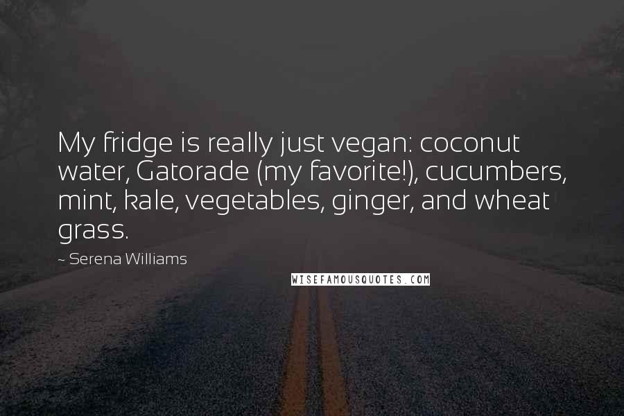 Serena Williams Quotes: My fridge is really just vegan: coconut water, Gatorade (my favorite!), cucumbers, mint, kale, vegetables, ginger, and wheat grass.