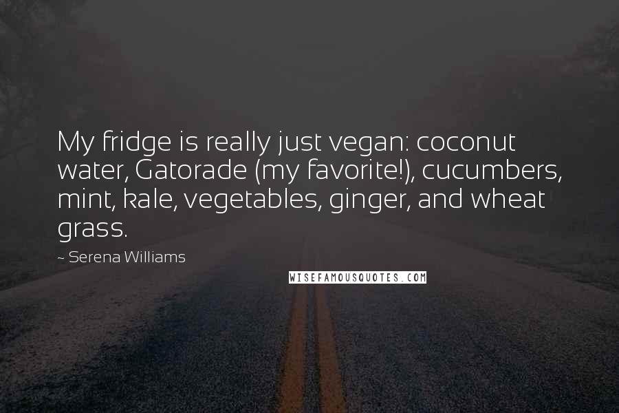 Serena Williams Quotes: My fridge is really just vegan: coconut water, Gatorade (my favorite!), cucumbers, mint, kale, vegetables, ginger, and wheat grass.