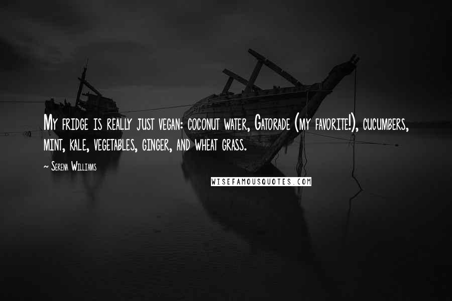 Serena Williams Quotes: My fridge is really just vegan: coconut water, Gatorade (my favorite!), cucumbers, mint, kale, vegetables, ginger, and wheat grass.