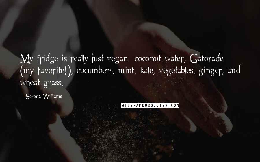 Serena Williams Quotes: My fridge is really just vegan: coconut water, Gatorade (my favorite!), cucumbers, mint, kale, vegetables, ginger, and wheat grass.