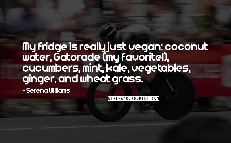 Serena Williams Quotes: My fridge is really just vegan: coconut water, Gatorade (my favorite!), cucumbers, mint, kale, vegetables, ginger, and wheat grass.