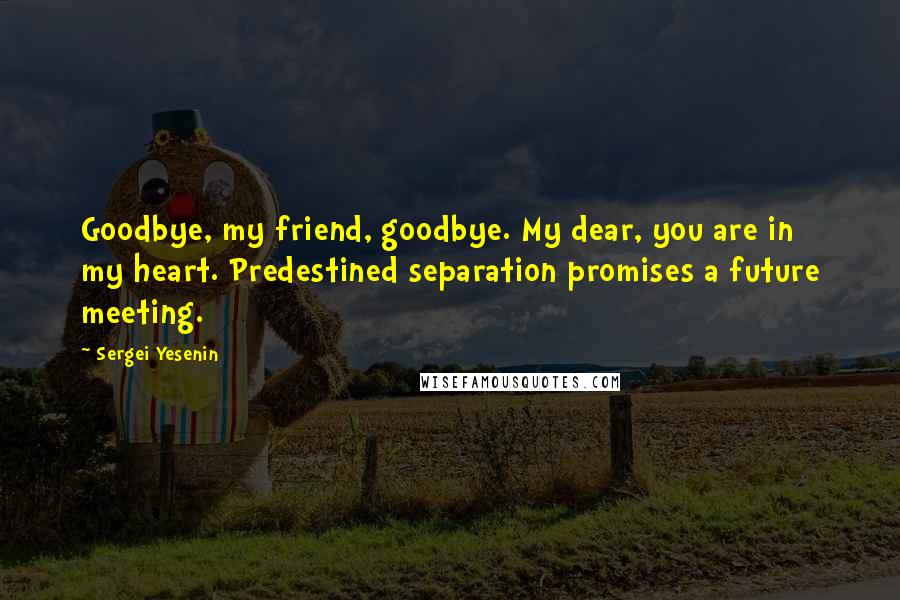 Sergei Yesenin Quotes: Goodbye, my friend, goodbye. My dear, you are in my heart. Predestined separation promises a future meeting.