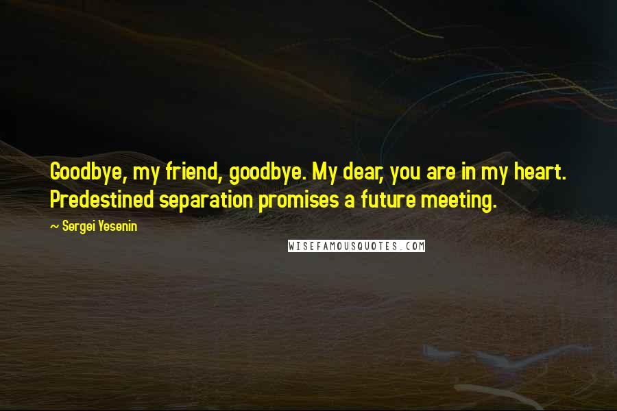 Sergei Yesenin Quotes: Goodbye, my friend, goodbye. My dear, you are in my heart. Predestined separation promises a future meeting.