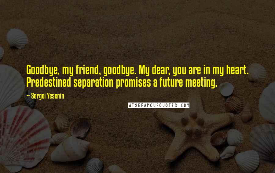 Sergei Yesenin Quotes: Goodbye, my friend, goodbye. My dear, you are in my heart. Predestined separation promises a future meeting.