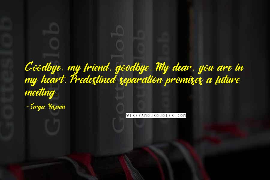 Sergei Yesenin Quotes: Goodbye, my friend, goodbye. My dear, you are in my heart. Predestined separation promises a future meeting.