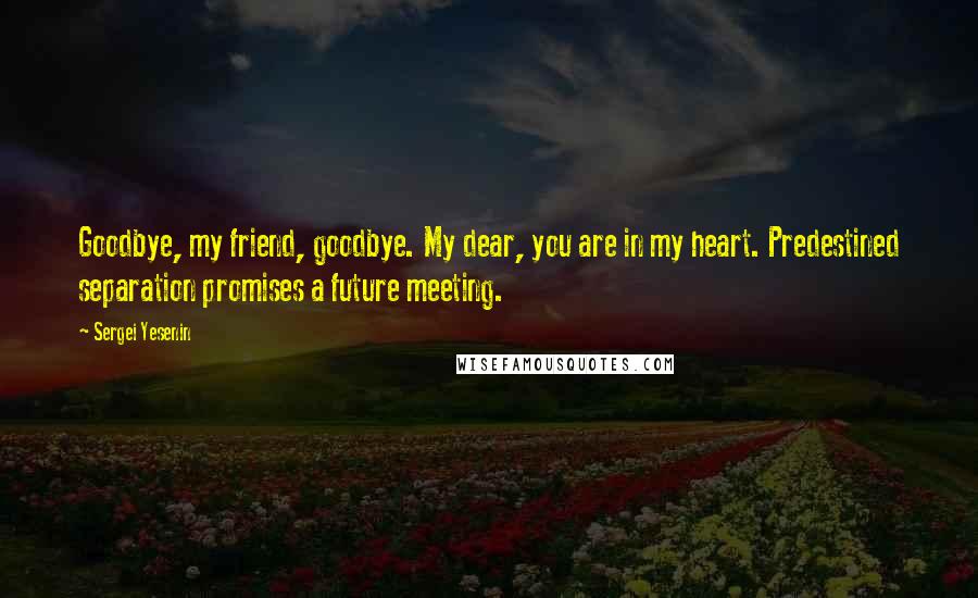 Sergei Yesenin Quotes: Goodbye, my friend, goodbye. My dear, you are in my heart. Predestined separation promises a future meeting.