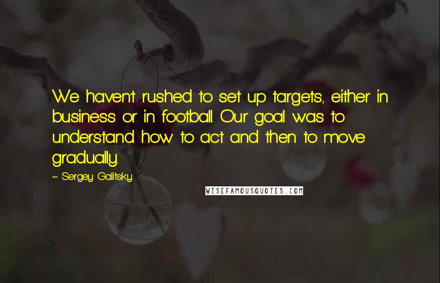 Sergey Galitsky Quotes: We haven't rushed to set up targets, either in business or in football. Our goal was to understand how to act and then to move gradually.