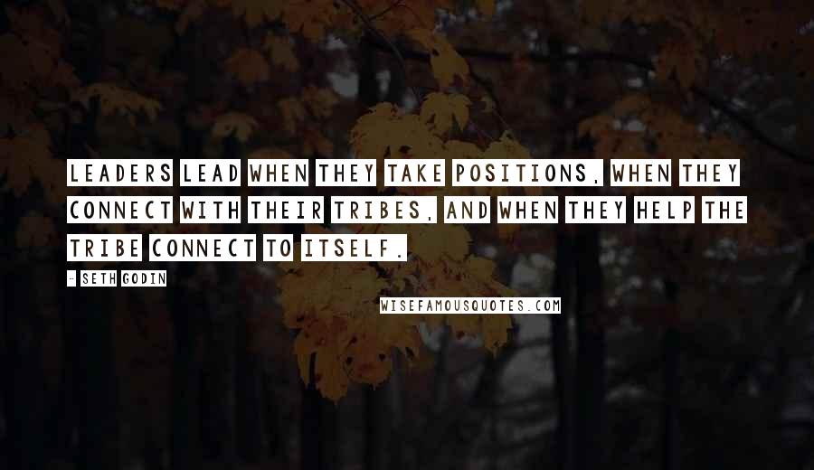 Seth Godin Quotes: Leaders lead when they take positions, when they connect with their tribes, and when they help the tribe connect to itself.