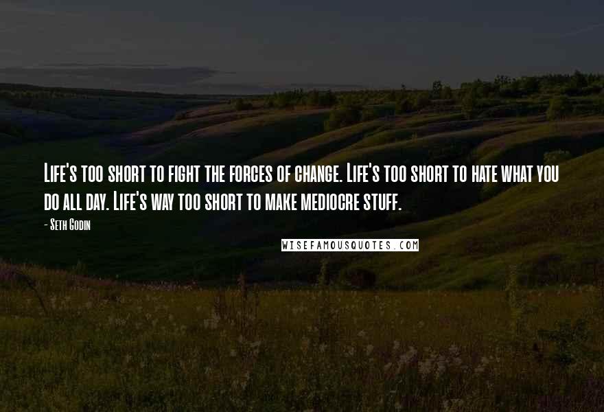 Seth Godin Quotes: Life's too short to fight the forces of change. Life's too short to hate what you do all day. Life's way too short to make mediocre stuff.
