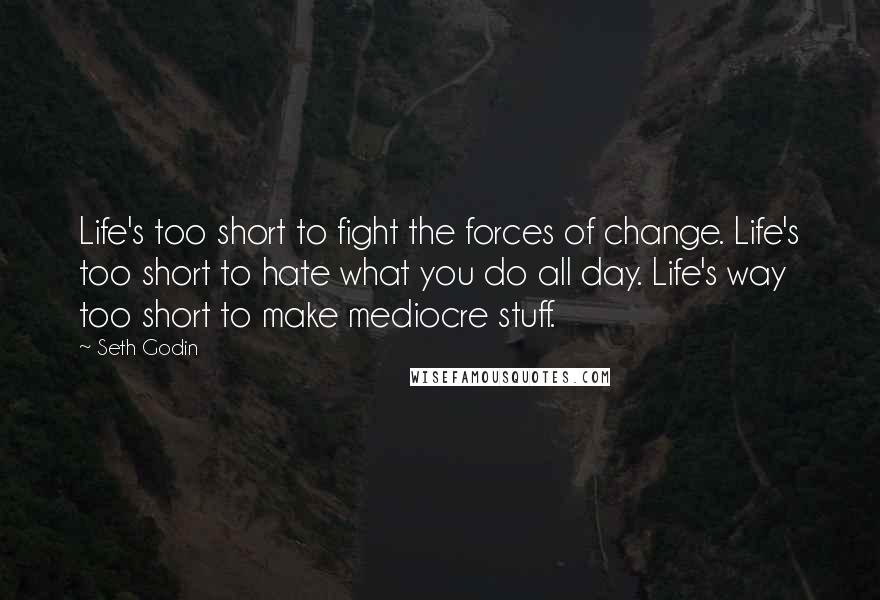 Seth Godin Quotes: Life's too short to fight the forces of change. Life's too short to hate what you do all day. Life's way too short to make mediocre stuff.