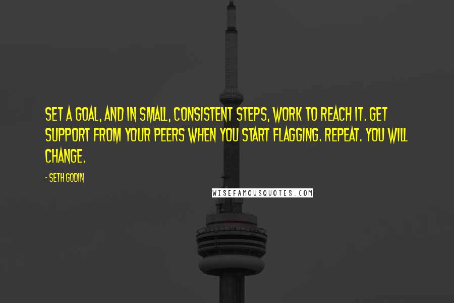 Seth Godin Quotes: Set a goal, and in small, consistent steps, work to reach it. Get support from your peers when you start flagging. Repeat. You will change.