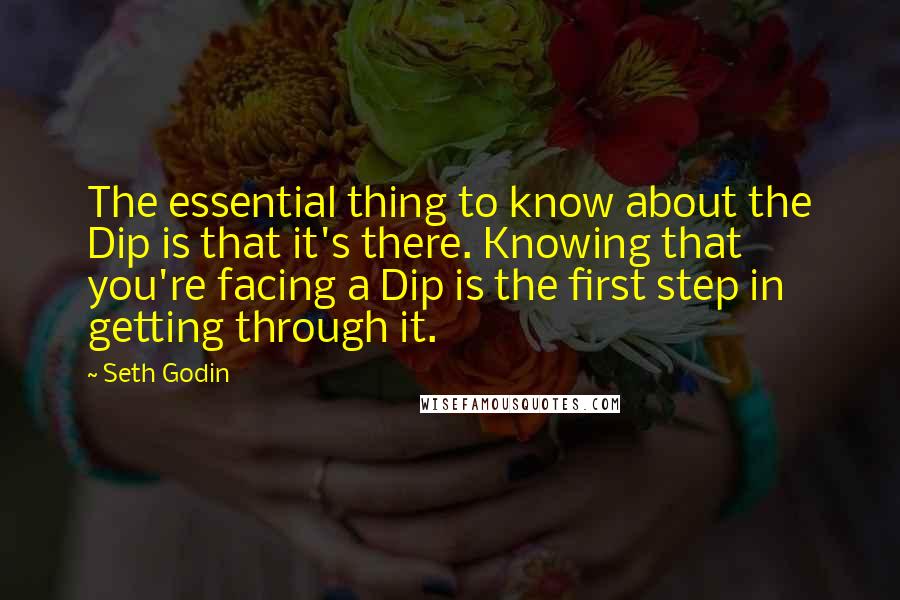 Seth Godin Quotes: The essential thing to know about the Dip is that it's there. Knowing that you're facing a Dip is the first step in getting through it.