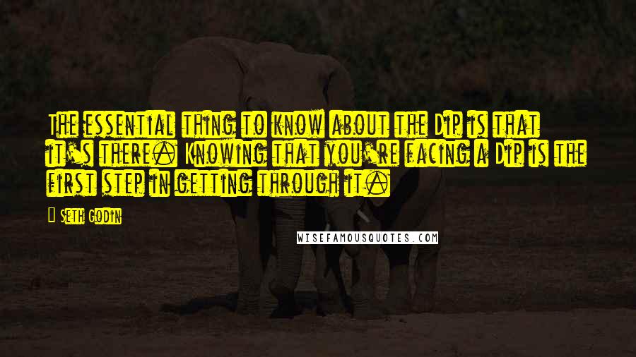 Seth Godin Quotes: The essential thing to know about the Dip is that it's there. Knowing that you're facing a Dip is the first step in getting through it.