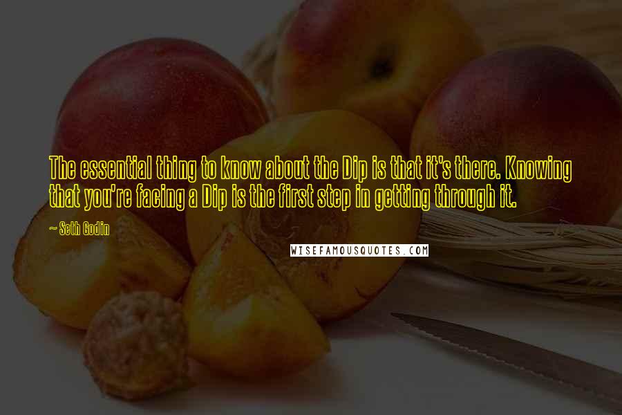 Seth Godin Quotes: The essential thing to know about the Dip is that it's there. Knowing that you're facing a Dip is the first step in getting through it.