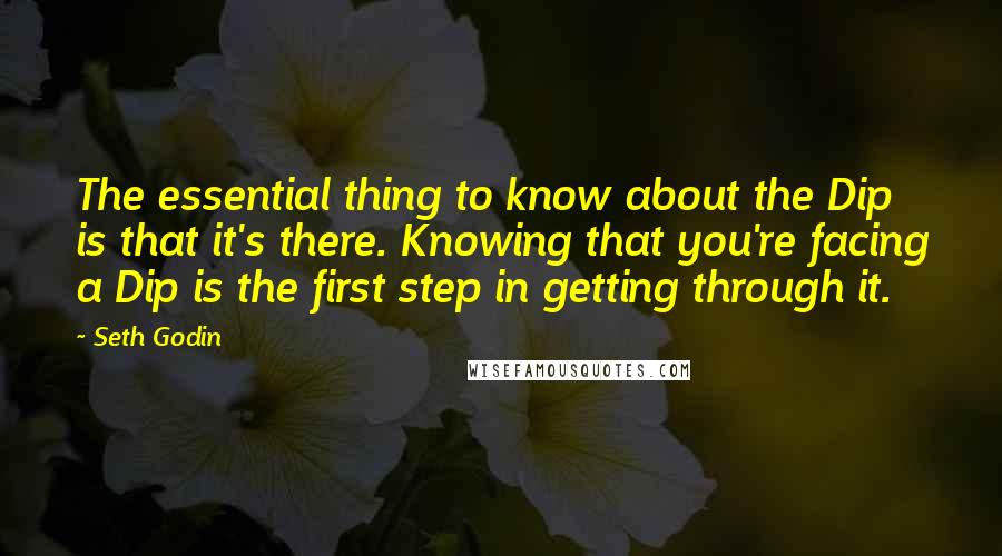 Seth Godin Quotes: The essential thing to know about the Dip is that it's there. Knowing that you're facing a Dip is the first step in getting through it.