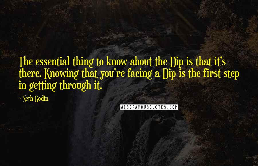 Seth Godin Quotes: The essential thing to know about the Dip is that it's there. Knowing that you're facing a Dip is the first step in getting through it.