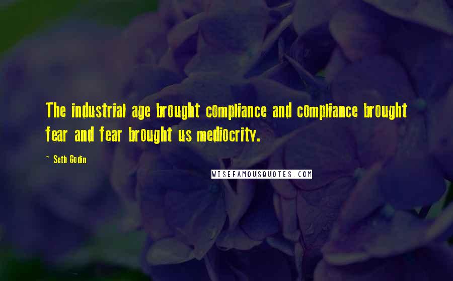 Seth Godin Quotes: The industrial age brought compliance and compliance brought fear and fear brought us mediocrity.