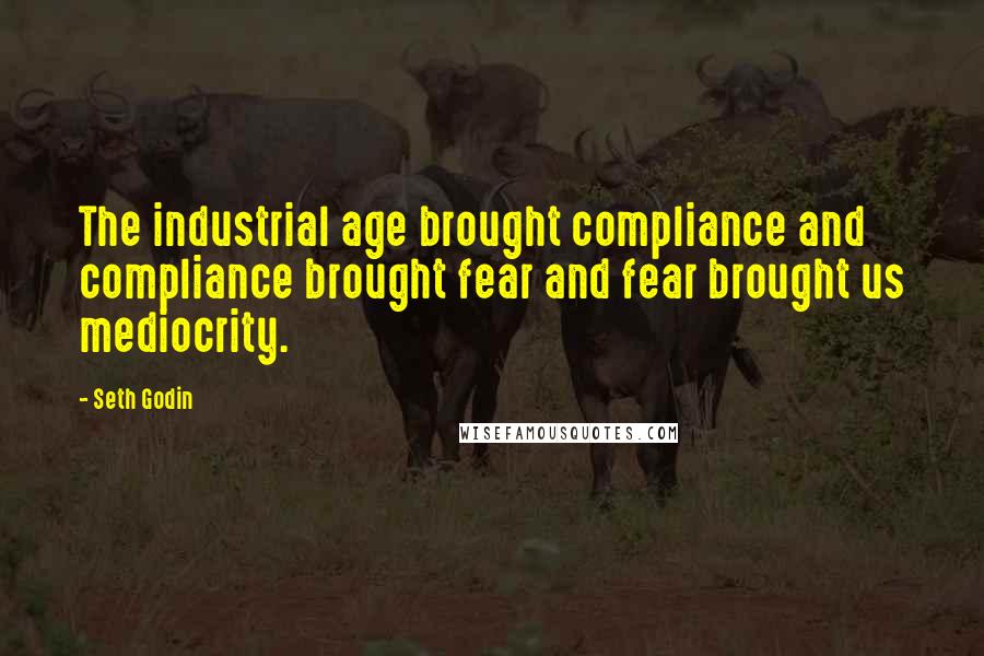 Seth Godin Quotes: The industrial age brought compliance and compliance brought fear and fear brought us mediocrity.