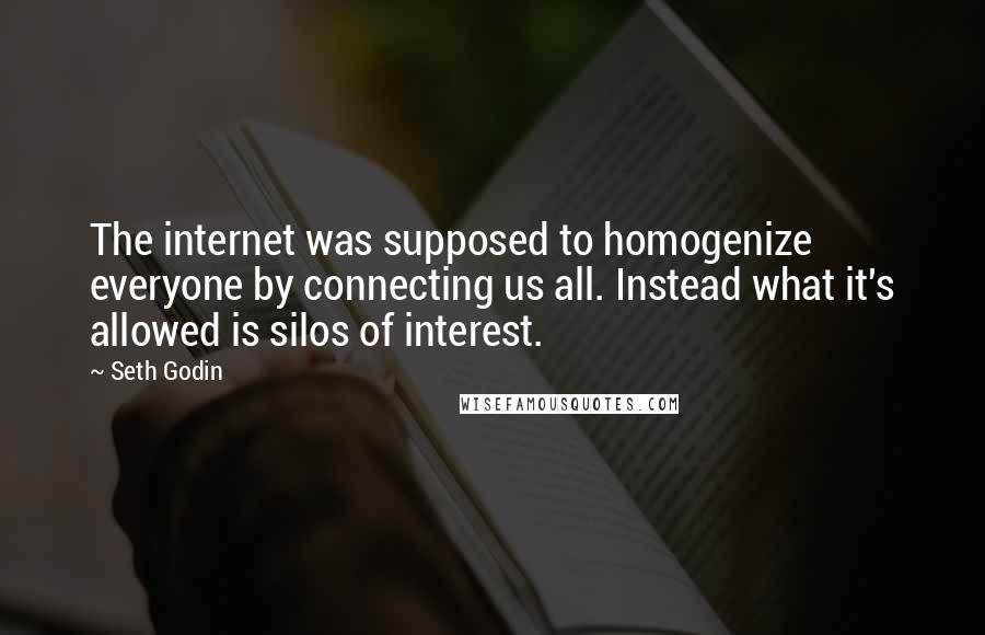 Seth Godin Quotes: The internet was supposed to homogenize everyone by connecting us all. Instead what it's allowed is silos of interest.