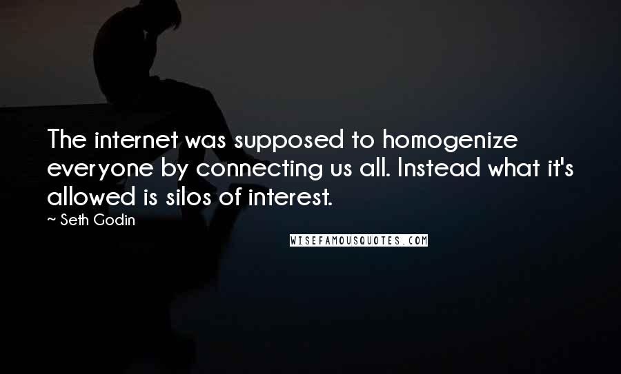 Seth Godin Quotes: The internet was supposed to homogenize everyone by connecting us all. Instead what it's allowed is silos of interest.