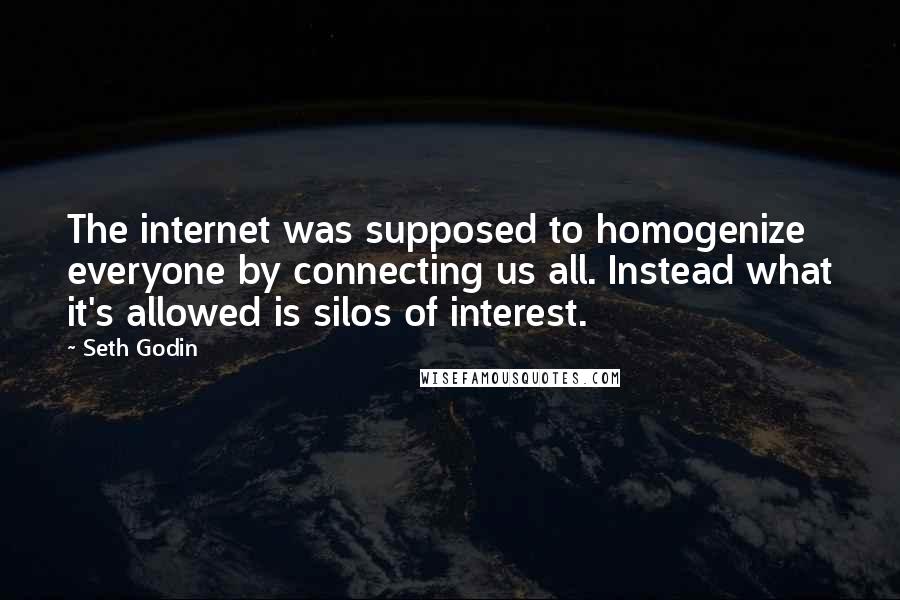 Seth Godin Quotes: The internet was supposed to homogenize everyone by connecting us all. Instead what it's allowed is silos of interest.